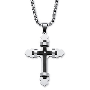 PalmBeach Jewelry Crystal Accent Gothic Layered Cross Necklace in Black Ion-Plated Stainless Steel 24"