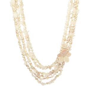 Lita Sterling Silver 6 Rows Pink Pearls with Rose Quartz Chips Necklace with Flower