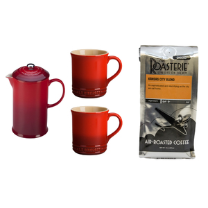 French Press & Mug Set Cherry/KC Blend Coffee Grounds