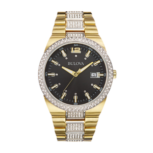 Mens Crystal Gold-Tone Watch Dual Level Black Dial