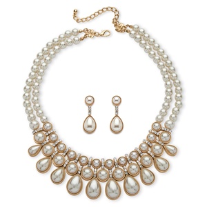 PalmBeach Jewelry Round and Pear-Cut Simulated Pearl Cabochon 2-Piece Necklace and Earrings Set in Gold Tone